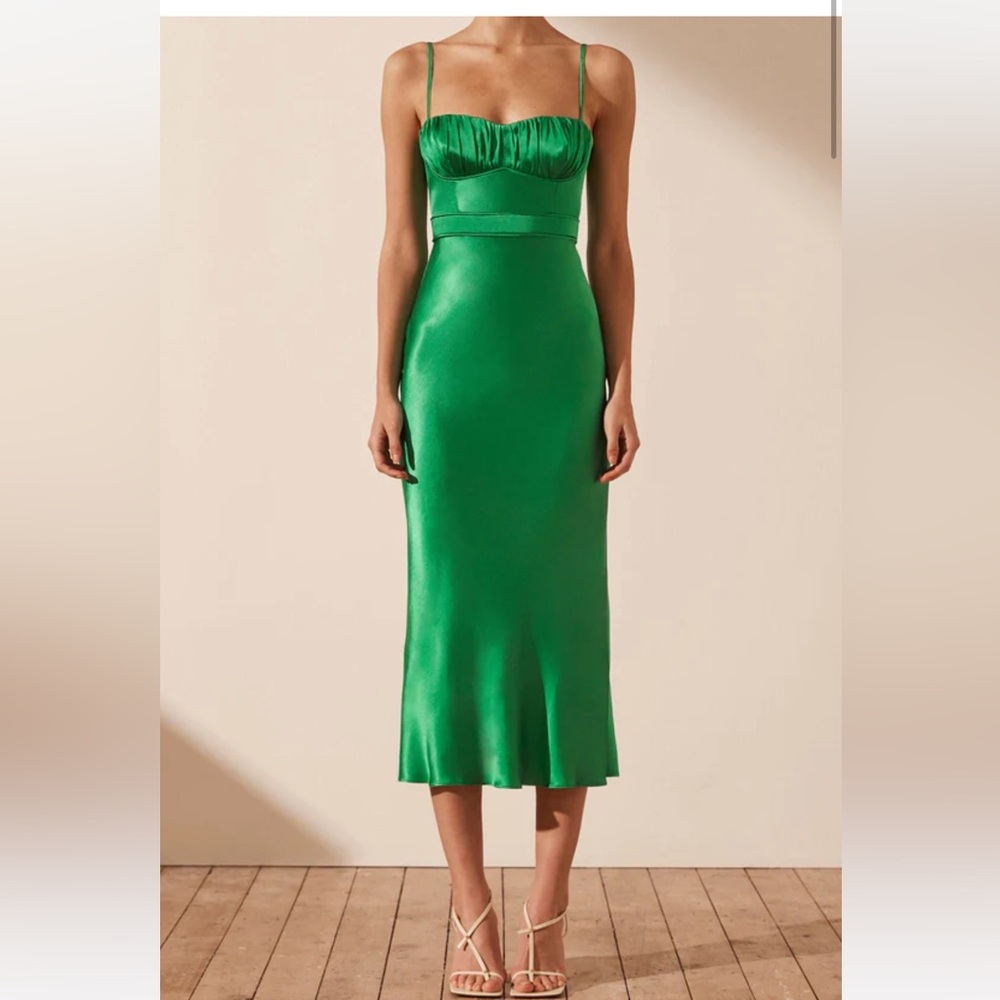 Shona Joy Lana Corded Ruched Midi Dress — Tree Green